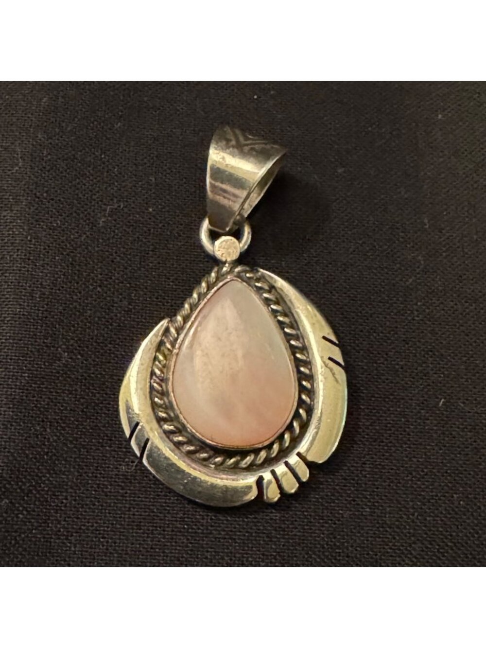 Sterling Silver 925 Teardrop Rose Quartz Rope Border Pendant Size 1.5" Length